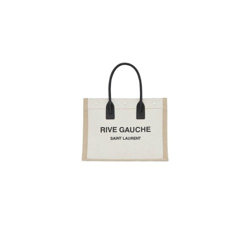 RIVE GAUCHE SMALL TOTE BAG IN LINEN AND LEATHER