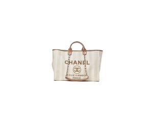 CHANEL Woven Straw Raffia Striped Medium Deauville Tote