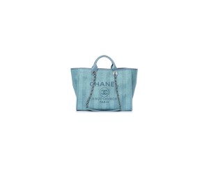 CHANEL Woven Straw Raffia Striped Medium Deauville Tote