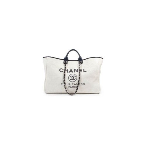 CHANEL Woven Straw Raffia Striped Medium Deauville Tote