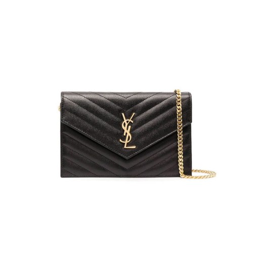 Saint Laurent Chain-strap YSL-plaque grained-leather wallet