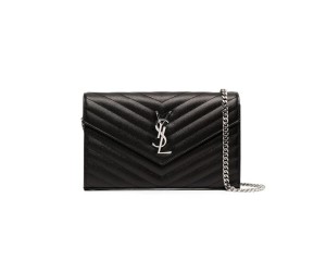 Saint Laurent Chain-strap YSL-plaque grained-leather wallet