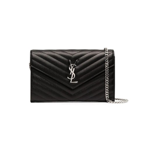 Saint Laurent Chain-strap YSL-plaque grained-leather wallet